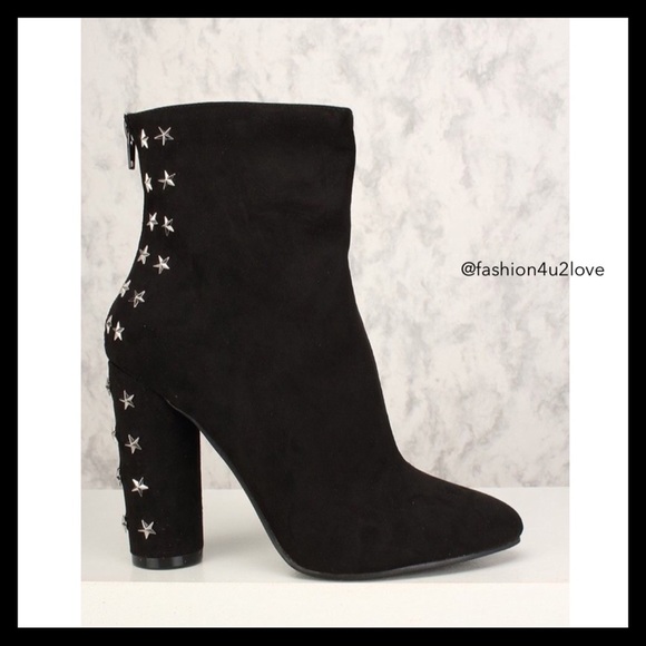 Black Star Studded Accent Chunky Heel Booties - Picture 2 of 5